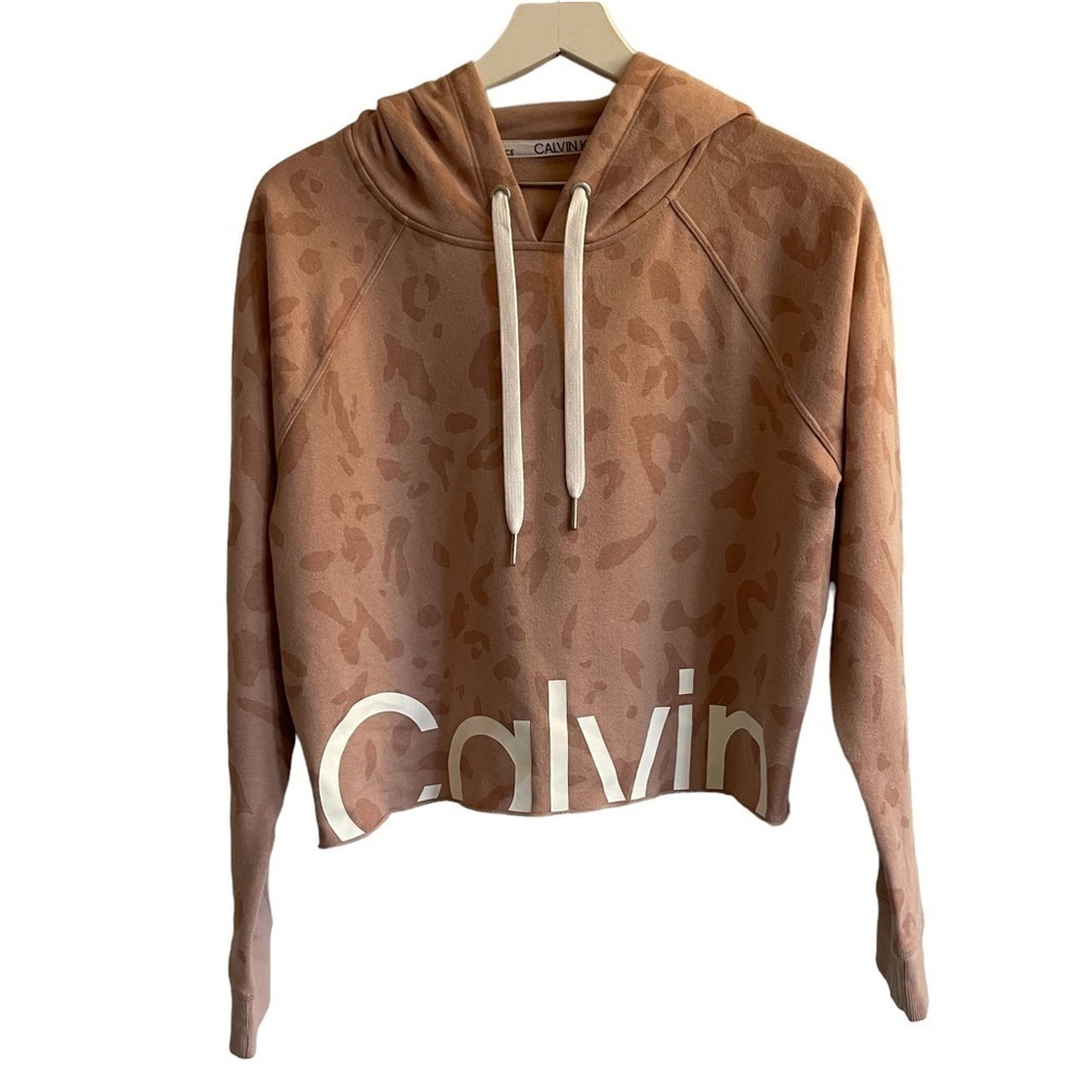 Calvin Klein Pink Leopard Print Cropped Logo Hoodie, Size S
